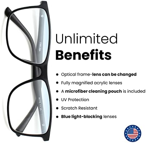 Matte Black Grande Frame Azul Light Reading Glasses Homens para parecer modernos com alta visão - leitores resistentes e duráveis