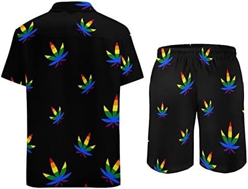 LGBT Weed Gay Pride Men's Hawaiian Define camisa de manga curta de duas peças e roupa de praia de porta -malas curta