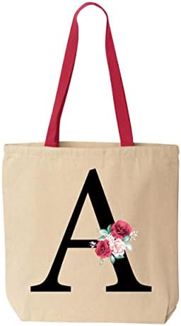 Shop4Ever Roses Floral Inicial de algodão Bolsa de compras com sacola 10 oz | Monograma reutilizável Bolsa de presentes