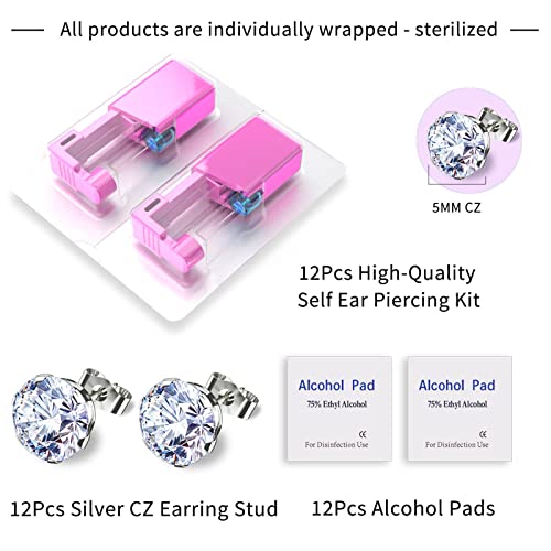 Self Ear Piercing Gun Kit - 36 peças com 12 armas, 12 brincos de diamante prateado e 12 almofadas de álcool - perfeitas para salão e uso doméstico