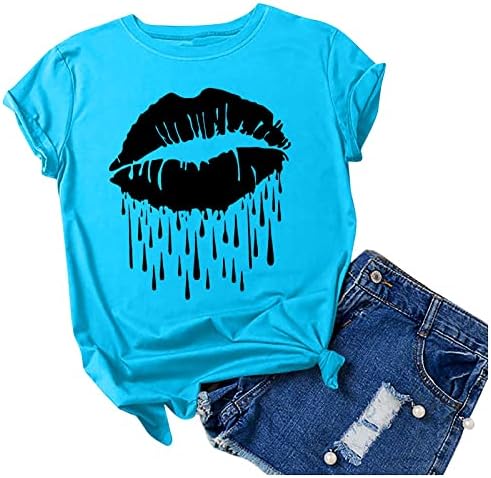Manga curta Crew pescoço Lips Graphic Sexy Liew Fit Relaxed Fit Blouse Shirt for Ladies Fall Summer Top Ho Ho Ho