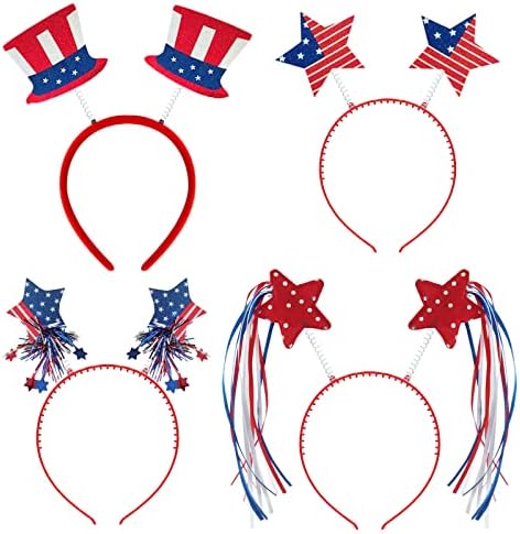 CBLUO 4 PCS 4 de julho Patriótico tio da cabeça Sam Top Hat Hat American Stars Head Boppers Independence Day Hair Bands