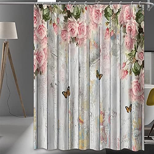 Cortina de chuveiro de rosa rosa verngo para ilusão de banheiro floral banheira de borboleta cortina de madeira cortina