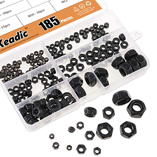 Keadic 185 peças métricas pretas de zinco banhado a nylon inserir porcas de trava kit de sortimento para parafusos ou parafusos - Os tamanhos incluem: m3 m4 m5 m6 m8 m10 m12