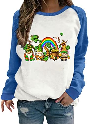 OPLXUO Pullover de túnica feminina Tops de St. Patrick's Day camisa de retalhos de retalhos de mangas compridas Gnome Print Graphic