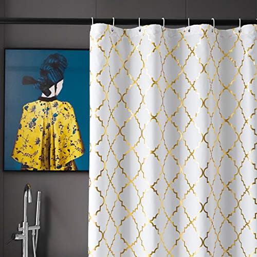 Finecity White Shower Curtain Gold Morroquccan Pattern com 12 ganchos incluídos, 72 x 72 polegadas, 1 painel