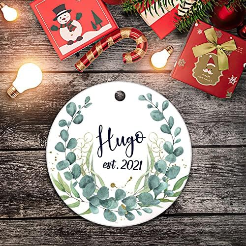 Nome e data personalizados Ornamentos de cerâmica de cerâmica Flor Wreatch 2021 Impressão de dupla face 3x3 polegadas Round Christmas