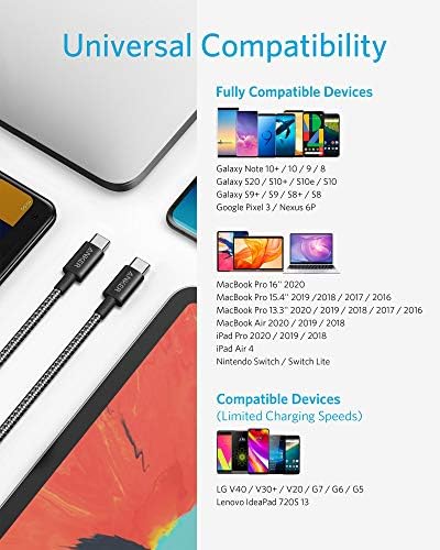 Anker novo Nylon USB C a USB C Cabo 100W 10 pés, USB 2.0 Tipo C Cabo de carregamento Carga rápida para MacBook Pro 2020,