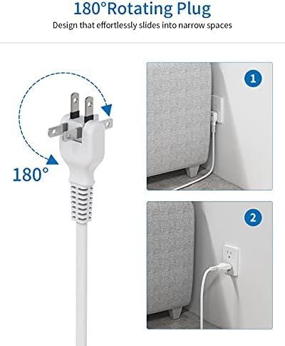 Extensão plana Cordão de 15 pés e 2 Protetor de surto de ponta com pacote de cabo de extensão de 10 pés, montagem de parede de potência plana NtonPower com 2 portas USB, proteção contra sobrecarga para escritório doméstico interno, branco