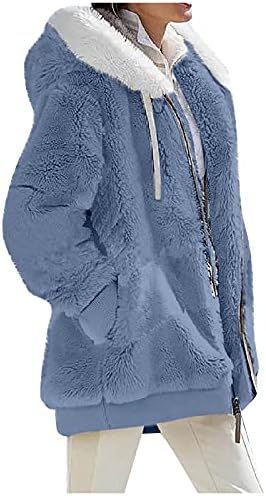 Cokuera Fashion Fashion Outono Inverno Fuzzy Lã casaco com capuz com bolsos Block Color Patchwork Cardigan Coats