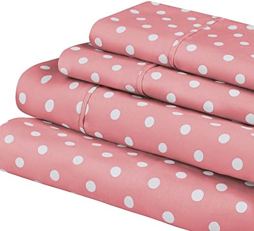 Conjunto de folhas de contagem de fios de algodão superior de algodão, design de bolinhas, inclui 1 folha de bolso profundo elástico, 1 folha plana, 2 travesseiros, roupas de cama de luxo, tecelafia macia, rei, rosa