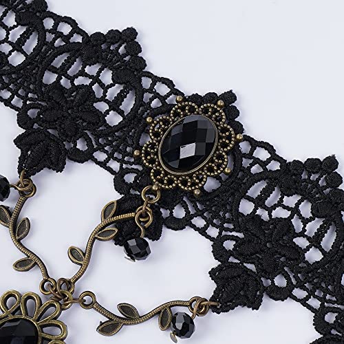 Kercisbeauty Gemstone Black Lace Hand Chain Fanties Festume Party Hand Chain Victorian Vampire Pulset com anel de dedo