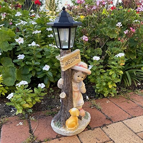 Estátua do jardim de Aloak Girl com luzes solares e sinal de boas -vindas 20 polegadas, estátua de menina para decoração de pátio