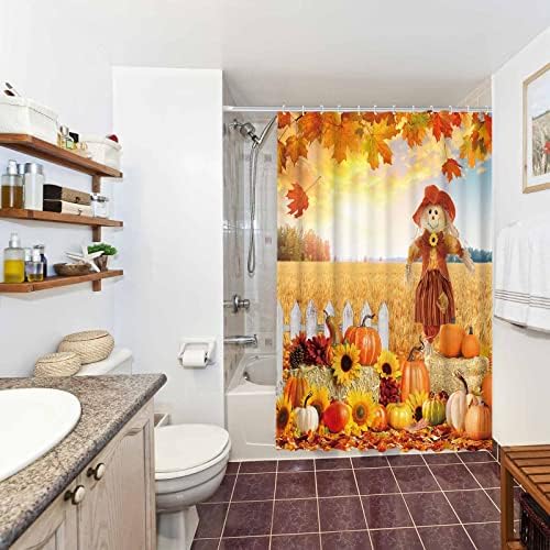 Allenjoy 72 x 72 Curta de chuveiro de escassez de outono conjunto com ganchos Autumn Pumpkin colheita de Ação