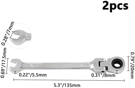 Rierdge 7mm 12 pontos Flex Head Ratcheting Chave, Chave de catraca métrica Conjunto com 72 dentes e 5 ° Movimento para espaço apertado,