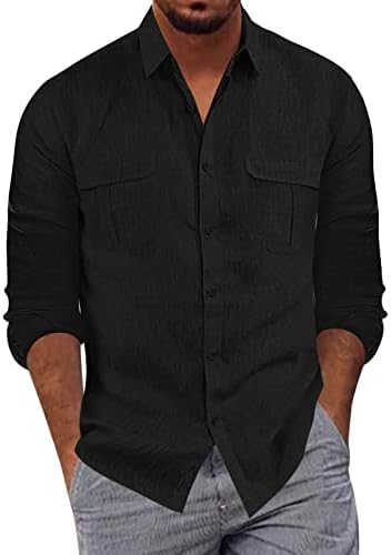 Camisetas de linho de algodão masculino de xxbr cair de manga longa para baixo bolsos duplos camisa de vestido camisa de colarinho