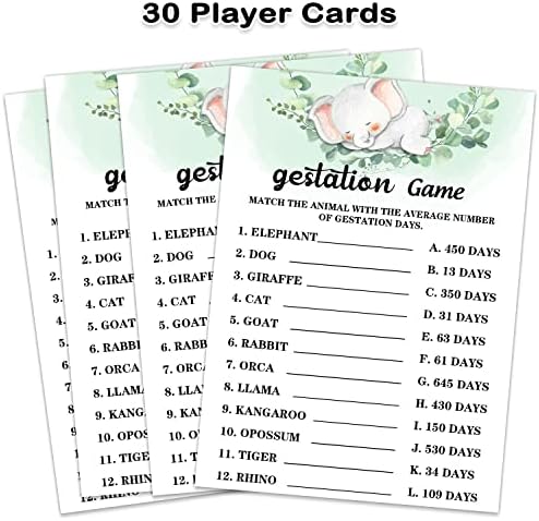 Cartões de jogo para chá de bebê, cartão de jogo de gestação de elefante