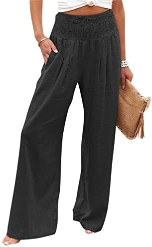 Calças de cintura alta longimii para mulheres calças casuais de linho de algodão larga de algodão largo com bolso com bolso