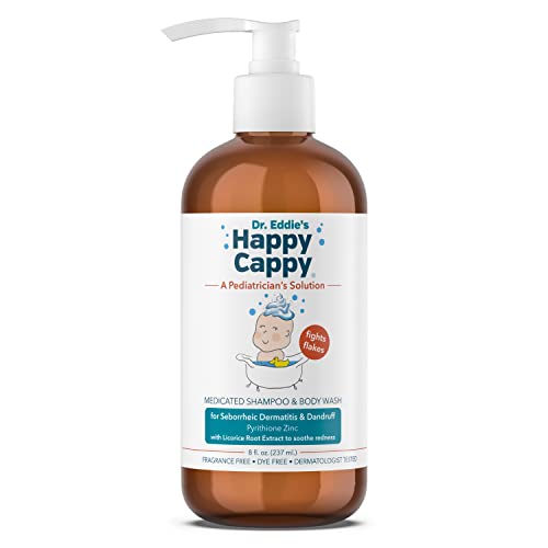 Happy Cappy Dr. Eddie O xampu medicamentoso para crianças, trata a caspa e a dermatite seborréica, sem fragrância, interrompe os flocos e vermelhidão em couro cabeludo sensível e pele, escova de tampa do berço não necessária, 8 oz
