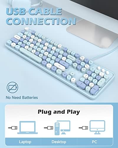 Teclado de computador com fio Meido com fio, teclados azul colorido para máquina de escrever, teclado redondo em tamanho real, plugue