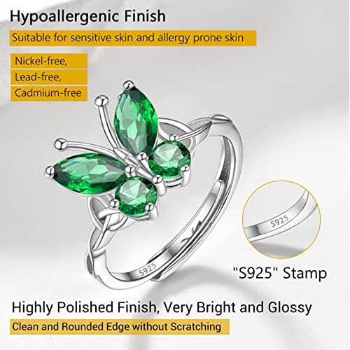 Prosilver 925 Sterling Silver Butterfly Rings para mulheres, lindos anel de birthstone, Jan-Dez disponível, anel ajustável,