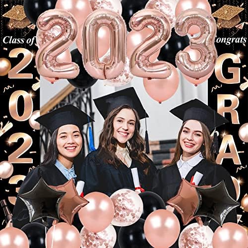 Decorações de ouro e graduação em ouro rosa e preto 2023 Decorações de graduação em ouro rosa preto Classe de 2023 parabéns.