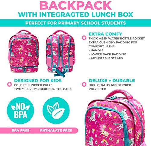 Pacote de contêineres de caixa de almoço Bento-Box for Kids 6 Compartamento Problema + Backpack Unicorn com lancheira para meninas