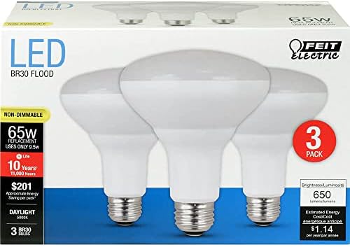FEIT BR30 BR30 Lâmpadas LED, 65W equivalente, não adquirível, 10 anos de vida, 650 lúmens, 5000k Luz do dia, Base E26 Robados pode lâmpadas, lâmpadas de inundação, com classificação úmida, 3 pacote, BR30/850/10kled/3