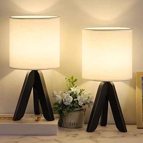 Lâmpadas de mesa de cabeceira Conjunto de 2, luminador de mesa de tripé pequeno com tonalidade de tecido moderno lâmpadas boho para