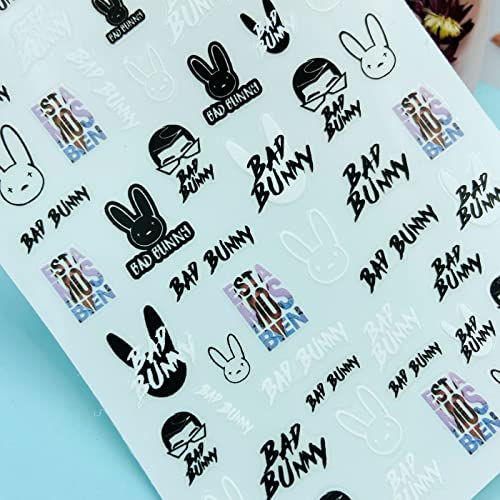 Beaula Bad Bunny Unhel Stickers para unhas Art 3 Palavras de coelho Bad Bad Bunny Unhas Decalques de unhas de coelho para acrílico