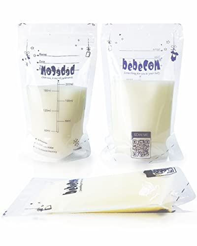 Sacos de armazenamento de leite materno Bebecom 7 oz 200 ml, vedação dupla com zíper, saco extra grosso, auto -pé, prova de vazamento,