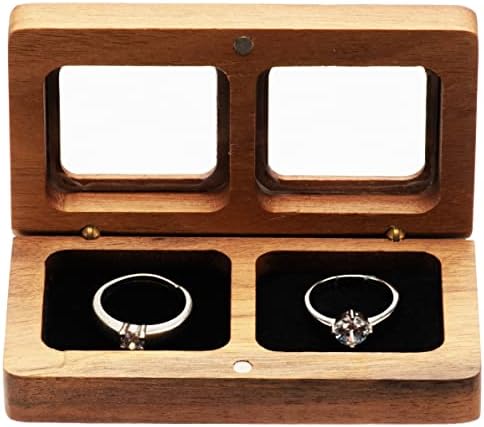 Cosis Retângulo Vintage Caixa de anel de madeira dupla para cerimônia de casamento 2 anéis, pequena caixa de presente decorativa do anel de lembrança rústica