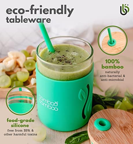 Bamboo Bamboo Costa de canudocolinho com palha e tampa, transição de copo para crianças possui 11,8 onças de leite, suco, água ou smoothies-copo infantil de vidro com manga de silicone resistente ao impacto e palha