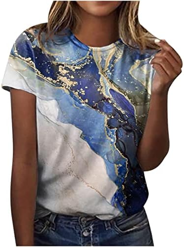 Camisa feminina de mármore gráfico de mármore verão outono de manga curta Crewneck barco de algodão de algodão casual para meninas