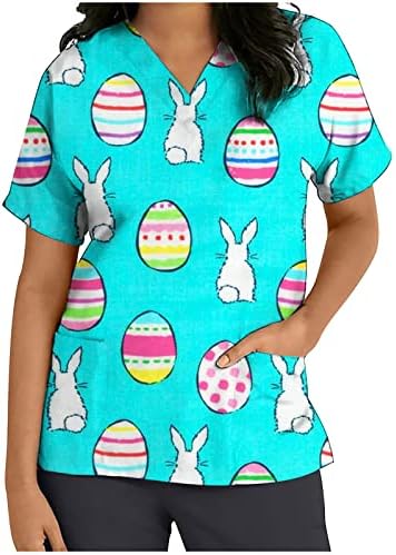 Tops de roupas de trabalho da Páscoa para mulheres ovos coloridos impressos de manga curta uniformes férias engraçadas tshirts