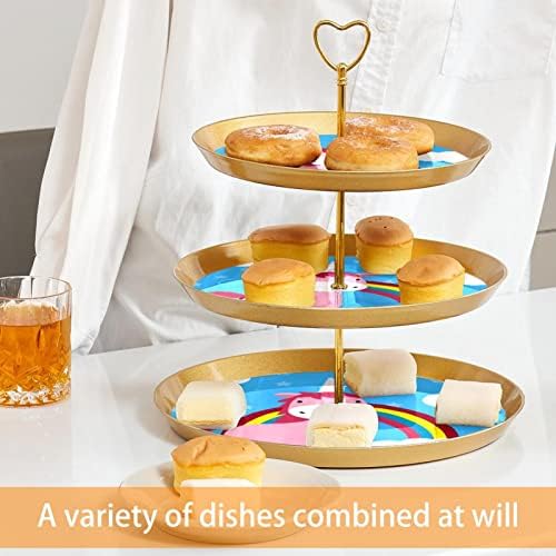 Lyetny 3 Sobessert Stand Stand Gold Cupcake Pastry Stand para festa de chá, casamento e aniversário, unicórnio azul
