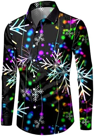 XXBR Christmas Casual Button Down Camisetas Para homens de colarinho comprido colarinho Novo tops de Xmas Snowflake Print Party Camisa