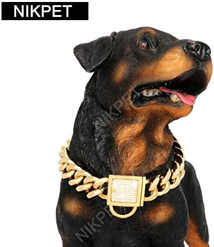 Nikpet Gold Dog Chain Collar com fivela segura com zirconia cúbica Pedra 18k Metal Metal Stone Aço Corrente Cadeia Cuba