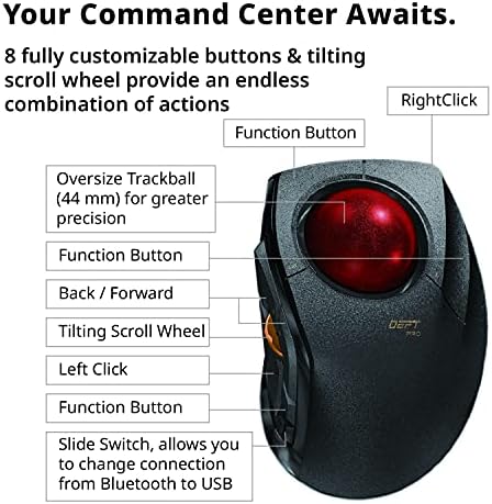 Elecom Deft Pro Trackball Mouse, Wired, Wireless, Bluetooth, Controle de dedos, design ergonômico, função de 8 botões,