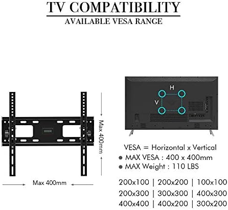 Suporte de parede de TV pequeno de aço inoxidável para a maioria das TVs curvas planas de 32 a 65 polegadas, o monitor universal Stand até 50 kg de altura de inclinação ajustável, Max Vesa 400x400mm