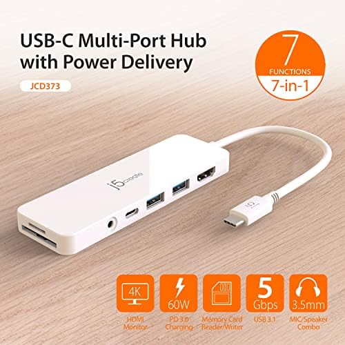 J5Create USB-C Mini Hub-4K HDMI, 2 x USB 3.1 5Gbps, MicroSD & SD Card Reader, Jack de áudio de 3,5 mm, carregamento de 60w