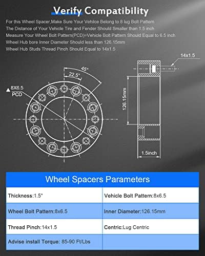 Eccpp 2x 8 espaçadores de roda de lug 1,5 8x6,5 a 8x6,5 126,15mm 14x1.5 Compatível com Avalanche 2500 para 1500 HD 2500 HD para Sierra 1500HD 2500HD 3500HD