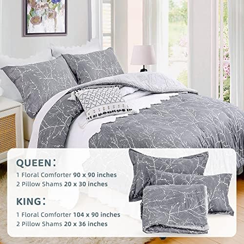 Edredom de edredom cinza aconchegante queen set- algodão de camas de cama de algodão Botânica Botânica Branch Padrão em edredom