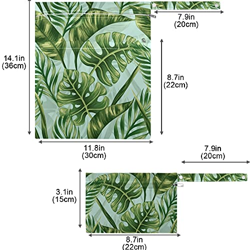 VISESUNNY Tropical Palm Leaf Blue Pattern 2pcs Saco úmido com bolsos com zíper lavandenável lavável para viajar,
