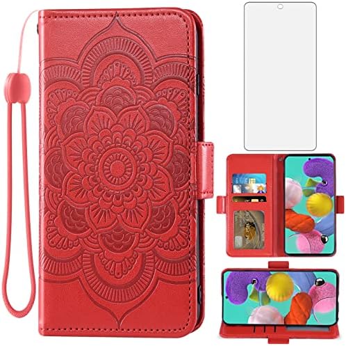 ASUWISH compatível com a caixa da carteira Samsung Galaxy A51 4G e a capa do telefone celular do cartão de crédito de tela protetor de vidro temperado para Glaxay A 51 Gaxaly M40S 51A A515F S51 Mulheres Red Red