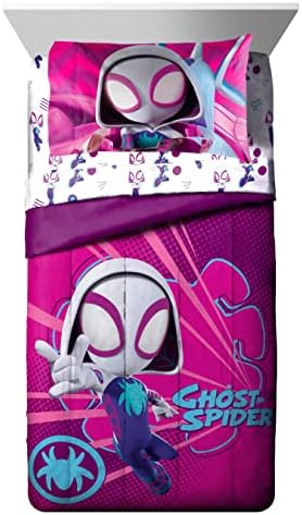 Marvel Spidey e seus amigos incríveis Fantasma Aranha Gwen 4 peças Cama de cama - Cama inclui consolador e lençol - Microfibra de Microfibra Resistente a Fade Super Soft