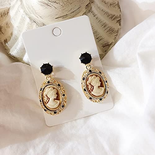 Retro Cameo Brincos Dangle para Mulheres Meninas Prazadas de ouro em preto CZ