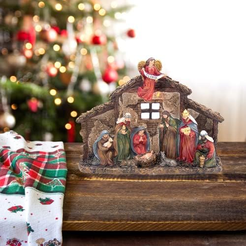 Cena da natividade iluminada por wowser com manjedoura, decoração sazonal independente, decoração religiosa de Natal, 8,5 polegadas