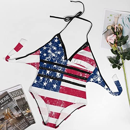Retro USA Flag Women Feminina One Piece Swimwear V Neck Swimsuitu Control Bathing Suiting Bikini da praia