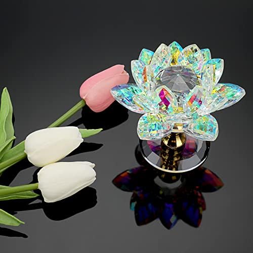 Próns sparkle cristal lótus flor estatuetas ornamento de flor de lótus decorativo com base de vidro, vidro lótus feng